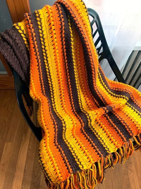 Fall Blankets, Halloween Boutique, 1970s Crochet, Retro Crochet, Fall Blanket, Brown Autumn, Halloween Crochet Patterns, Vintage Afghan, Afghan Blanket