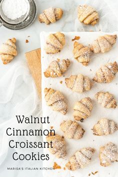 Whether you call them Rugelach or Rogaliki, these mini croissant cookies are always a hit at family gatherings. They're filled with an irresistible cinnamon, walnut and sugar mix. Bet you cant't eat just one! Mostaccioli Cookies Recipe, Crescent Cookies, Mini Croissant, Mini Croissants, Cinnamon Cookies, Cookie Bar, At Family, Pretty Cookies, Flaky Crust