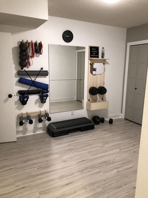 Wall Gym Storage, Exercise Space Home, How To Store Gym Equipment At Home, Mirror Workout Wall, Weight Room Ideas Home Gyms Small Spaces, Gym Cabinet Storage Ideas, Gym Basement Ideas Small Spaces, Mini Gym At Home Ideas Garage, Mini Workout Area