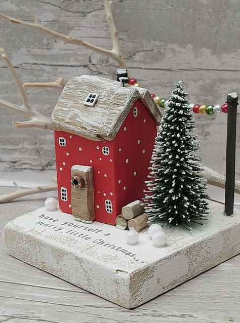 Wood Christmas Crafts Diy, Wood Christmas Crafts, Wood Crafts Christmas, Traditional Red Christmas, Bleak Midwinter, Christmas Cottage, Handcrafted Gifts, Wooden Houses, Driftwood Crafts