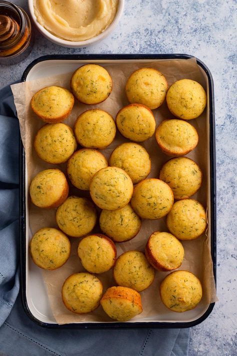 Mini Cornbread Muffins with Honey & Dill - Always Eat Dessert Cornbread Mini Muffins, Mini Cornbread Muffins, Mini Cornbread, Honey Cornbread, Cornbread Muffins, Pizza Bread, Mini Muffins, Eat Dessert, No Bake Desserts