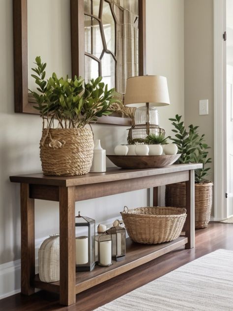 Entryway Console Table Decor Ideas: Elevate Your Home's First Impression - Homezille Long Entry Table Decor Ideas, Handmade Entryway Table, Earth Tone Entry Way, Unique Entryway Ideas, Foyer Ideas Entryway Modern, Diy Console Table Entryway, 70 House, Console Table Decor Ideas, Modern Entryway Ideas