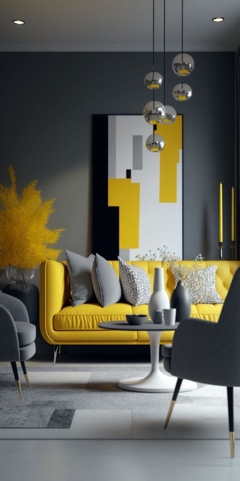 Waiting Room Design Reception Areas, Mustard Living Rooms, Grey And Yellow Living Room, Loft Living Room, Scandinavian Loft, Bauhaus Interior, Minimalistic Decor, Luxury Sofa Living Room, Living Room Orange