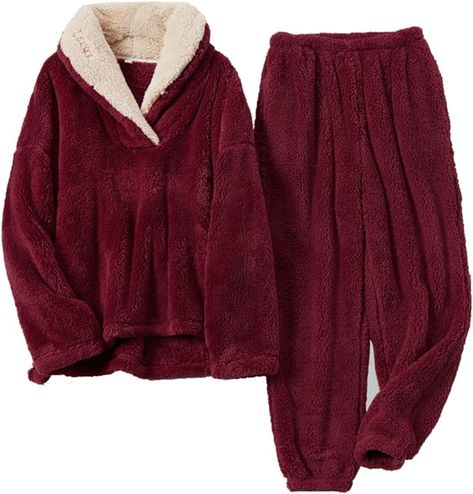 Fenclushy Women's Fluffy Loungewear Sleepwear Lounge Casual Pajamas Sets Loose Long Sleeve Fleece Pullover and Pants Set - amazon affiliate Fuzzy Loungewear, Fluffy Pajamas, Casual Pajamas, Red Pajamas, Warm Pajamas, Comfy Pjs, Side Pants, Pajamas Sets, Winter Pajamas