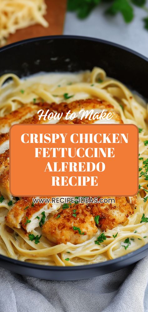 Looking for a delicious, easy-to-follow recipe for crispy chicken fettuccine Alfredo? This creamy pasta dish combines tender fettuccine with crispy chicken and a rich Alfredo sauce made of butter, cream, and parmesan. Perfect for a comforting dinner with family or friends, this recipe allows you to make restaurant-quality pasta in your own kitchen. Enjoy a satisfying meal that will impress everyone. Add a sprinkle of parsley for an eye-catching finish.  Ideal for weeknight meals or special occasions. Crispy Chicken For Alfredo, Fried Chicken Alfredo Pasta, Fettichini Alfredo Recipe With Chicken, Easy Chicken Alfredo Recipe, Chicken Fettuccine Alfredo Recipe, Veggie Alfredo, Chicken Alfredo Fettuccine Recipe, Fettuccine Alfredo Recipe, Dinner With Family