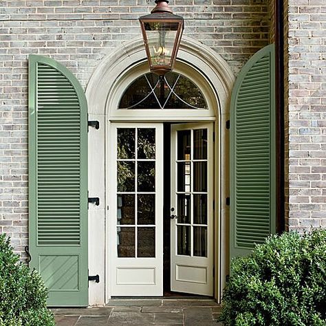 Exterior Front Door Colors, French Entry Doors, French Front Doors, Outdoor Shutters, Green Front Doors, House Shutters, Modern Front Door, Door Entryway, French Doors Patio