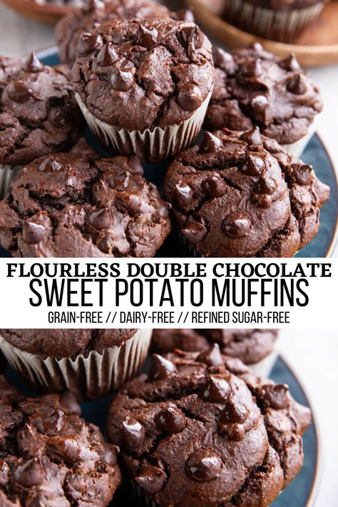 chocolate sweet potato muffins Whole 30 Muffins, Healthy Sweet Potato Chocolate Cake, Sweet Potato Chocolate Muffins, Sweet Potato Muffins Healthy, Paleo Sweet Potato Muffins, Flourless Chocolate Muffins, Flourless Double Chocolate Peanut Butter Muffins, Clean Food Crush Flourless Double Chocolate Peanut Butter Muffins, Paleo Chocolate Banana Muffins