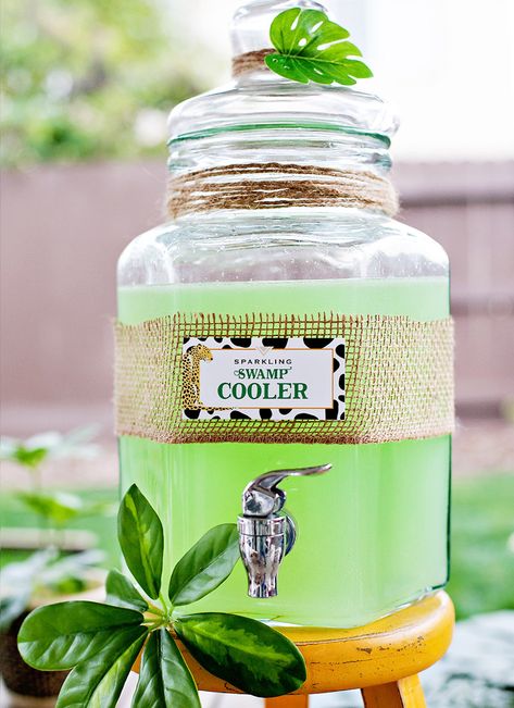 Bold & Modern Jungle Safari Birthday Party // Hostess with the Mostess® Safari Backyard Party, Safari Drink Station, Swamp Water Punch For Kids, Safari Punch, Green Jungle Juice, Swamp Juice, Festa Safari Baby, Green Punch, Swamp Water