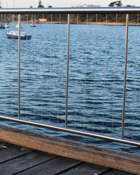 Stainless Vertical Wire Balustrade - Verti-Wire Self tensioning wire balustrade Wire Balustrade, Timber Handrail, Steel Balustrade, Pool Fencing, Handrail Design, Steel Fence, Pool Fence, Fence Gate, Diy Renovation