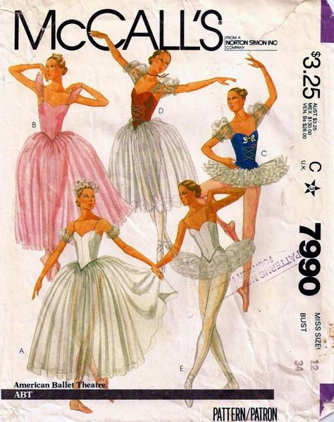 McCall's ballerina costume pattern (Style: 7990) from the 1980s. Tutu Pattern, Ballerina Costume, Tutu Ballet, Vintage Ballet, Vintage Dance, American Ballet Theatre, Costume Sewing Patterns, Ballet Theater, Theatre Costumes