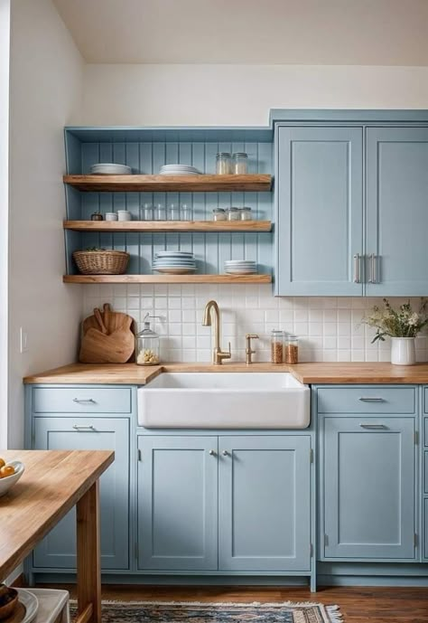 Blue Kitchen Cabinet Ideas, Blue Kitchen Cabinet, Light Blue Kitchens, Pastel Kitchen, Blue Living Room Decor, Blue Kitchen Cabinets, Kitchen Cabinet Ideas, Blue Cabinets, Coastal Kitchen