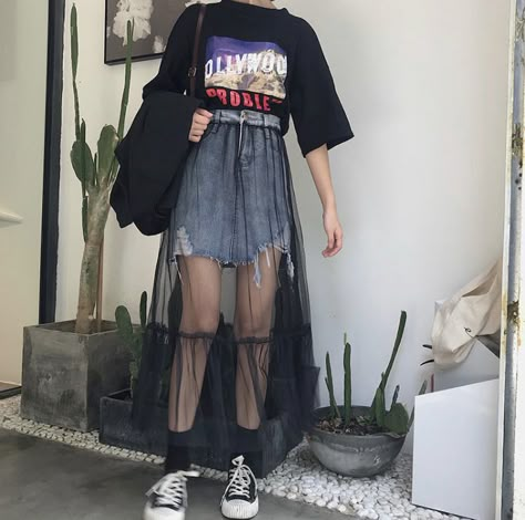 Mesh Skirt Outfit Ideas, Mesh Skirt Outfit, Ripped Denim Skirt, Fest Outfits, Interesting Outfits, Stylish Work Attire, Distressed Denim Skirt, Mesh Skirt, Mesh Overlay