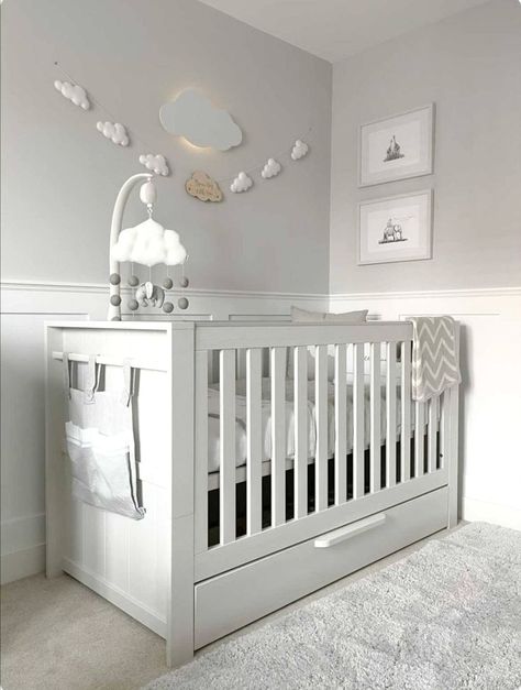 #babyboyroom #nurserydecor #ikeanursery Cloud Nursery Theme, Baby Room Decor Neutral, Cloud Nursery Decor, Small Baby Room, Ideas Habitaciones, Cloud Nursery, Grey Nursery Decor, Cloud Theme, Gender Neutral Nursery Decor