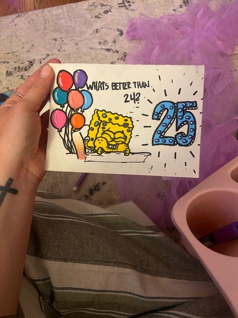 Spongebob Cards Birthday, Birthday Card Painted, 25 Birthday Card Ideas, Spongebob Diy, Birthday 25, Happy Birthday Cards Handmade, Handmade Gifts For Friends, 32 Birthday, Birthday Card Sayings