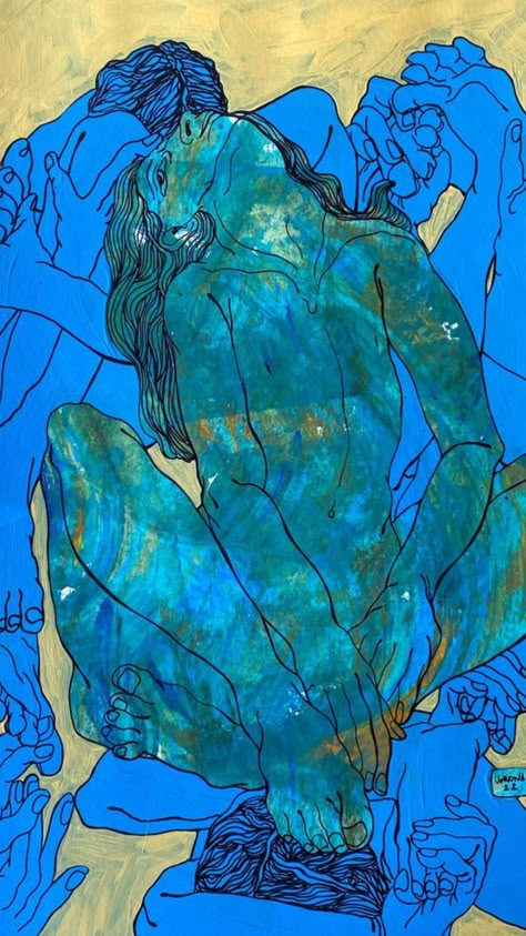 A figurative painting in rich blue hues depicting elongated bodies, feet, and hands layered on top of each other. Women Painting, Arte Inspo, Acrylic On Paper, Art Buyer, Love Painting, Art Moderne, Original Fine Art, Artwork For Sale, Figure Painting