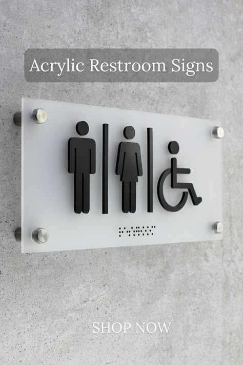 Choose Acrylic Restroom Signs for your office, hotel, apartment, hostel, or restaurant. It looks simple and beautiful at the same time. Acrylic All Gender Restroom Sign with Steel Holders with Braille font makes it available and understandable for all people.  Visit our website to make an order. Office Toilet Design Modern, Restroom Signage Design, Restrooms Signs, Washroom Signage, Office Bathroom Design, Commercial Bathroom Ideas, Restroom Signage, Unisex Toilets, Toilet Signage