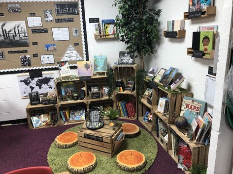 Neutral Reading Corner Classroom, Neutral Book Corner Classroom, Book Corner Ideas Childcare, Natural Reading Corner Classroom, Book Corner Curiosity Approach, Natural Book Corner Eyfs, Reading Area Eyfs, Reggio Library Area, Classroom Book Corner