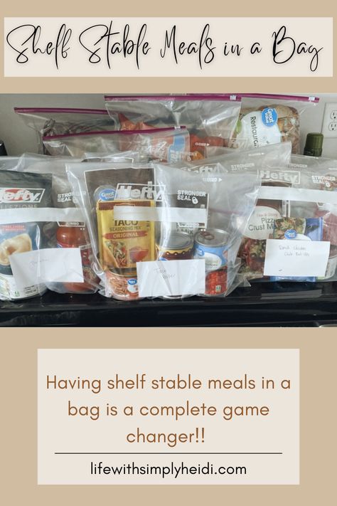 10 (more) Delicious meals in a bag using shelf-stable ingredients – Life with Simply Heidi Dinner In A Bag, Healthy Shelf Stable Meals, Pantry Meal Kits, Meal In A Bag, Meals In A Bag, Shelf Stable Meals, Bag Meals, Meal Kits Diy, Emergency Preparedness Food Storage