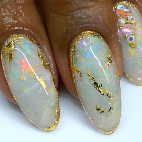 Best Opal Nails Ideas to Reflect Your Radiance | ND Nails Supply Gold Polish Nails, Geode Nail Designs, Opal Nail Art, Black Opal Nails, Opal French Tip Nails, Fantasy Nails Designs, Crystal Inspired Nails, Opal Nail Designs, Quartz Nail Art