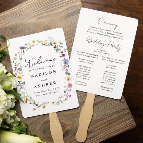 Elegant Wildflower Meadow Wedding Program Hand Fan Floral Themed Wedding, Modern Wedding Program, Elegant Wedding Programs, Meadow Wedding, Watercolor Wildflowers, Wedding Program Fans, Wildflower Meadow, Cream Wedding, Order Of Service