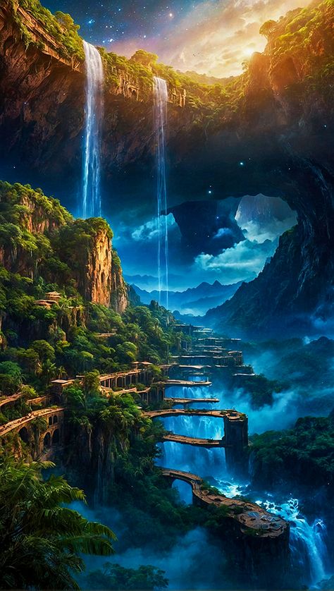 Fantasy Landscape Ideas, Fantasy World Landscapes Nature, High Fantasy Landscape, Fantasy Inspiration Scenery, Fantasy Landscape Art Magic, Fantasy Land Art, Fantasy Places Art Forests, Game Concept Art Environment, Fantasy Water Landscape