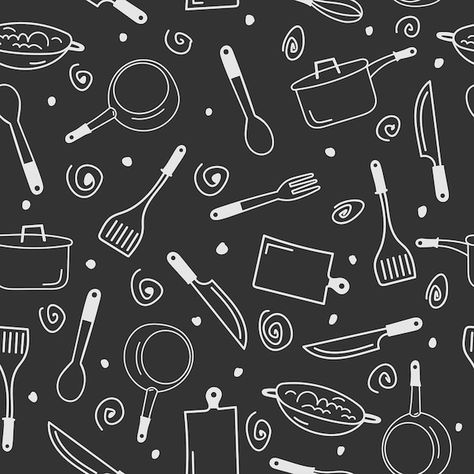 Cooking flat hand drawn seamless pattern... | Premium Vector #Freepik #vector #knife #spatula #pan #kitchen-tools Kitchen Pattern Illustration, Black And White Seamless Pattern, Makeup Illustration, Space Seamless Pattern, Skull Seamless Pattern, Seamless Pattern Vector, Pattern Illustration, White Patterns, Graphic Resources