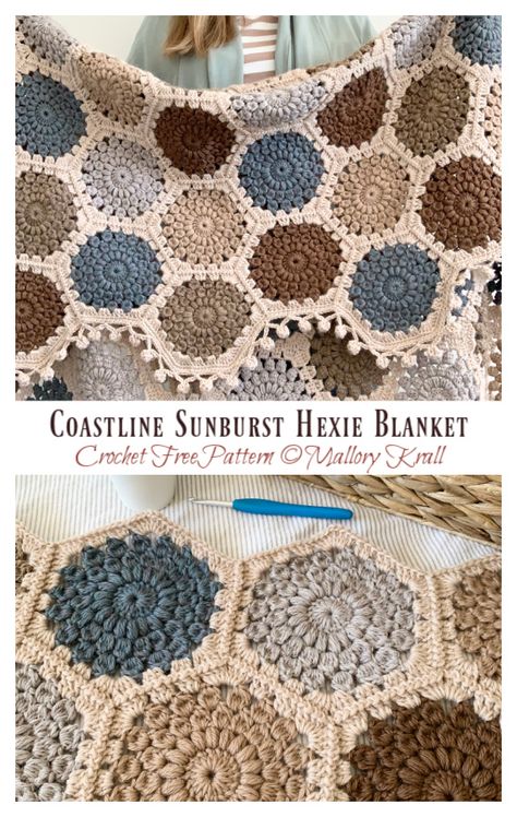 Coastline Sunburst Hexie Blanket Crochet Free Pattern - Crochet & Knitting Hexie Crochet Blanket, Circle Afghan Crochet Pattern Free, Pentagon Crochet Blanket, Crochet Border For Hexagon Blanket, Hexagon Crochet Afghan, Crochet Hexagon Projects, Crochet Octogan Blanket, Sunburst Hexagon Crochet, Hexagon Granny Square Pattern Free