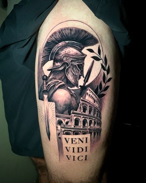 Roman themed cover tattoo. Darkness and texture is the best way to hide old tattoos. Used the warriors helmet to get rid of the infinity sign. #rometattoo #colosseum #romanempire #cover Roman Theme Tattoo, Roman Colosseum Tattoo, Roman Warrior Tattoo, Colosseum Tattoo, Roman Tattoo Ideas, Roman Tattoo, Gladiator Tattoo, Warrior Helmet, Roman Warriors