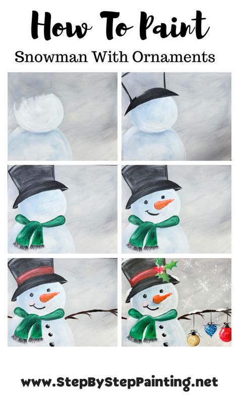 Snowman And Tree Painting, Christmas Paint Tutorial Step By Step, Holiday Painting Tutorials, Christmas Scenes To Paint Easy, Kids Holiday Painting Ideas, Beginner Winter Painting, Painting Winter Scenes Easy, Paint Party Tutorials Step By Step, Canvas Painting Ideas For Beginners Step By Step Christmas