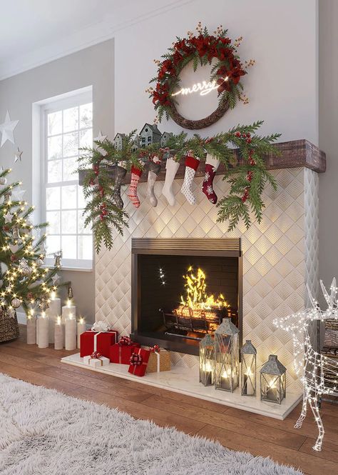 Festive Christmas Decorating Ideas to Style a Tile Fireplace Surround Holiday Mantel Decor, Hexagon Floor, Fireplace Redo, Golden Arrow, Farmhouse Fixer, Tile Walls, Gorgeous Fireplaces, Fireplace Tile Surround, Gold Tile