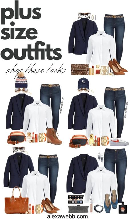 Plus size navy blazer outfit ideas! Changing accessories for different looks. Alexa Webb Navy Blazer Outfit, Navy Blazer Outfits, Valentines Day Looks, Blazer Outfit Ideas, Alexa Webb, Plus Size Navy, Capsule Wardrobe Casual, Plus Size Winter Outfits, Blazer Outfits Casual