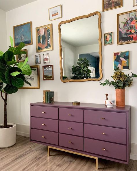 Purple Dresser Bedroom, Mid Century Modern Purple, Purple And Wood Bedroom, Purple Dressers Painted, Purple Dressers, Purple Nightstand, Colored Dresser, Purple Dresser, Colorful Dresser