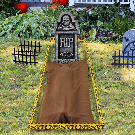 PRICES MAY VARY. Complete Outdoor Halloween Decoration Set: give your home or yard a haunted graveyard atmosphere with this complete outdoor Halloween decoration set; Packaged with a foam tombstone, a spine-chilling enter if you dare tape, a daunting brown gauze and u-shaped turf spikes, this kit is designed to fulfill your Halloween decorating needs Suitable Size: tombstone decoration approx. 40 cm high to add a grotesque and realistic look to your haunted environment; Enter if you dare tape le Really Scary Halloween Decorations, Creepy Cloth Decorations Outside, Halloween Cemetary Decorations, Cute Halloween Yard Decorations, Halloween Party Graveyard Theme, Halloween Outdoor Decorations Porch, Halloween Cemetery Ideas Front Yards, Graveyard Halloween Decorations, Graveyard Halloween Yard