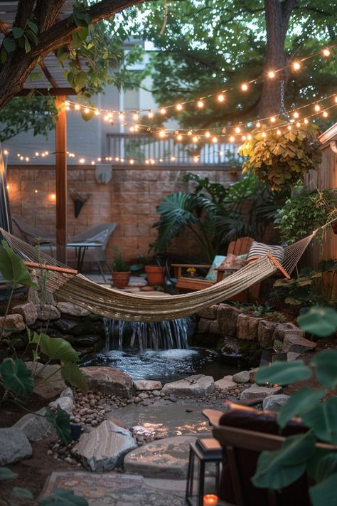 Whimsical Patio Perfection: Ideas to Create an Outdoor Oasis - Quiet Minimal Calming Outdoor Spaces, Garden Hammock Chair, Serene Patio Ideas, Backyard Chill Area, Whimsical Backyard Garden, Nature Home Aesthetic, Aesthetic Backyards, Whimsical Patio, Fairytale Backyard