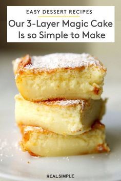 3-Layer Magic Cake Is Surprisingly Simple to Make | Click here for our easy 6-ingredient custard cake recipe that is so simple to make. This easy cake recipe can be transformed for any special occasion with your favorite seasonal ingredients. #dessertrecipes #cakeideas #realsimple #easycakerecipe Apple Magic Cake Recipe, Lemon Magic Custard Cake Recipe, The Thing Cake Recipe, Magic Cake Taste Of Home, Magic Layer Cake, 3 Layer Magic Cake Recipe, Not Too Sweet Cake Recipes, 3 Recipe Desserts, Easy Custard Desserts