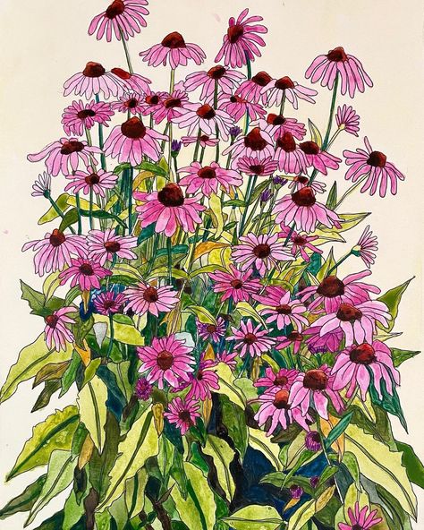 Bathroom Decor Pink, Flower Watercolor Art, Purple Coneflower, Sketchbook Inspo, Garden Watercolor, Pink Painting, Fabric Collage, Flower Watercolor, Watercolor Ideas