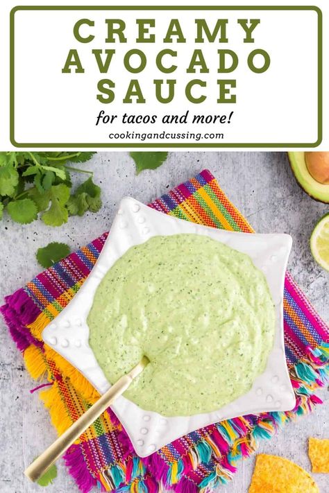 Avocado Fish Taco Sauce, Guacamole Cream Sauce, Shrimp Tacos With Avocado Cream Sauce, Avocado Green Sauce Recipe, Guacamole Sauce Creamy, Chicken With Avocado Sauce, Creamy Avocado Sauce For Tacos, Street Taco Green Sauce, Avocado Sour Cream Sauce