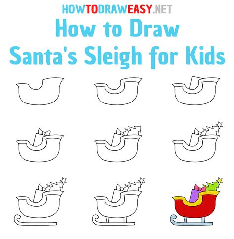 How to Draw Santa's Sleigh Step by Step #NewYear #Christmas #MerryChristmas #Santa #SantaClaus #SantaSleigh #DrawingSantaSleigh #DrawSantaSleigh #ChristmasDrawing Easy Sleigh Drawing, How To Draw Santa's Sleigh, Santa And Sleigh Drawing, How To Draw A Sleigh, Santas Sleigh Drawing Easy, Christmas How To Draw For Kids, Sleigh Doodle, Santa Sleigh Drawing, How To Draw Christmas