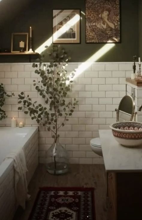 Bathroom Ideas Without Window, Dark Green Bathroom No Windows, Small Dark Bathroom No Window, Green And Brown Aesthetic Bathroom, Brown Earthy Bathroom, Bathroom No Windows, Bathroom Without Windows, Dark Brown Bathroom Mirror, Dark Brown Bathroom