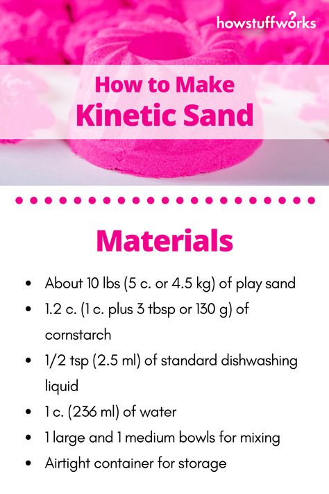 Kinetic Sand Recipe, Homemade Kinetic Sand, Sand Recipe, Make Kinetic Sand, Diy Kinetic Sand, Sands Recipe, Moving Sand Art, Easy Stem, Kids Sensory Play