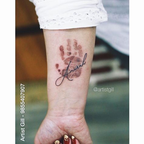 Childs Handprint Tattoo, Baby Print Tattoo Ideas, My Whole World Tattoo, Baby Handprint Tattoo Ideas, Tattoos For Moms With A Son, Hand Print Tattoo For Women, Handprint Tattoo For Women, Baby Hand Tattoos For Moms, Baby Feet Tattoos For Moms