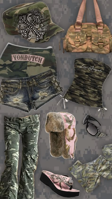 Camouflage 💚 #camo #early2000s #fashion Mcbling Fashion, Trashy Outfits, Trashy Y2k, Chappell Roan, Y2k Mcbling, 2000s Fashion Outfits, Y2k Clothes, Swaggy Outfits, Dream Style