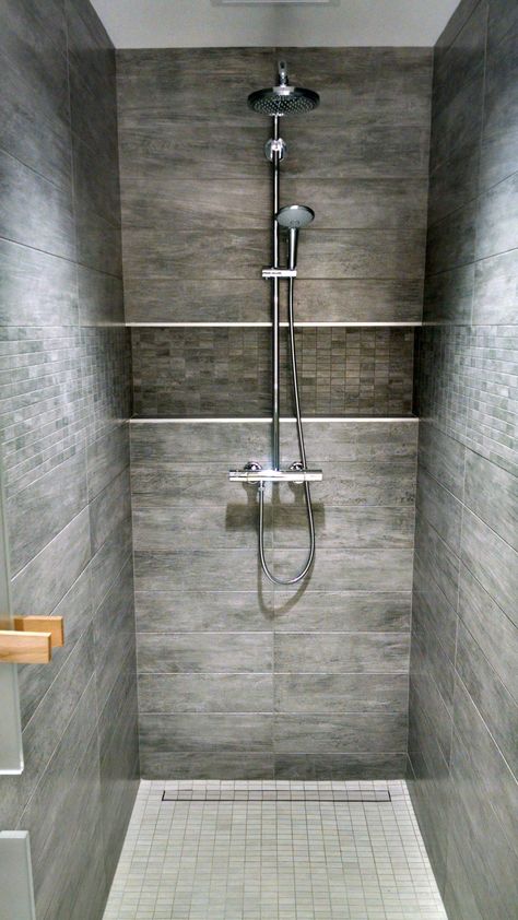 Locker room Shower. Grohe valve with tile covered linear drain. No threshold. Locker Room Shower, Bathroom Wall Coverings, Bathroom Wall Tile Design, Bilik Air, Linear Drain, Bathroom Shower Design, Bathroom Decor Luxury, Bathroom Remodel Ideas, Bathroom Redesign