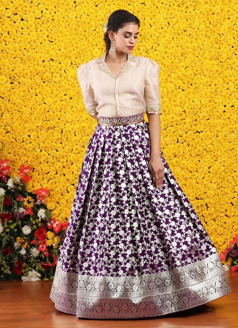 Banaras Skirt And Crop Top, Birthday Function Dress For Women, Lehanga Skirt Design, Pattu Crop Top Blouse Designs, Skirt And Top From Saree, Pattu Langa Jacket Models For Women, Pichwai Lehenga Designs, Girls Crop Tops Lehnga, Crop Top Lehenga Blouse Designs