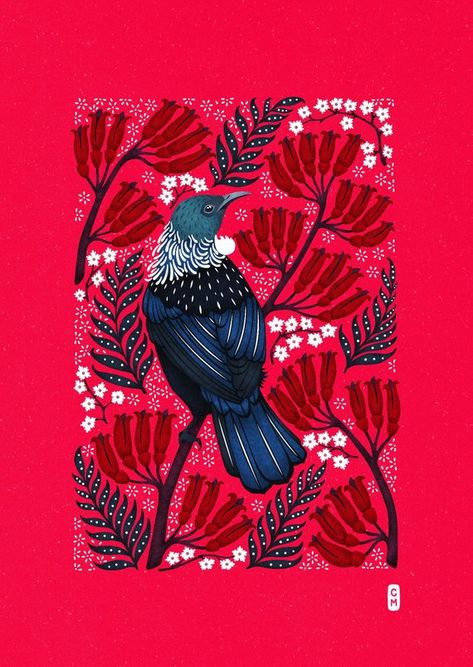 Tui Art Print New Zealand Art Floral Design Large Art Print | Etsy Kiwi Artist, Tui Bird, Colorful Floral Art, Large Art Print, Folk Illustration, Flax Flowers, Nz Art, Patterned Background, New Zealand Art