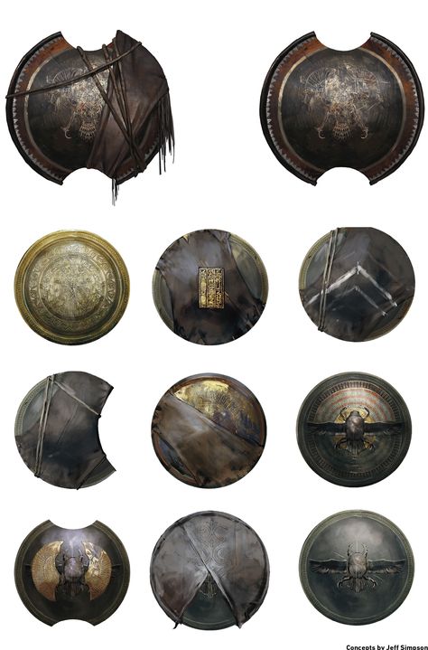 Round shield concepts by Jeff Simpson. Buckler Shield Fantasy, Round Shield Fantasy, Tower Shield Knight, Round Shield Design Concept, Round Shield, Assassins Creed Origins, Historical Armor, Shield Design, Arm Armor