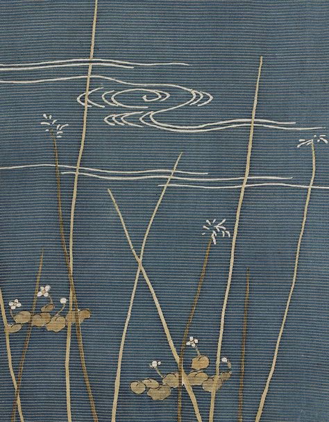 yorkeantiquetextiles: “ Textile sample with design of stream and water plants in green and white, created by the yûzen technique, on a blue ground.19th century, Japan. William Sturgis Bigelow... White Yukata, Monochromatic Pictures, Water Pattern, Water Stream, Tailoring Details, Ivy House, Japan Photography, Textile Texture, Kimono Pattern