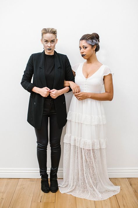 Frankenstein and Bride of Frankenstein costumes Lauren Conrad Halloween, Woman Frankenstein Costume, Girl Frankenstein Costume, Frankenstein Costume For Women, Frankenstein And Bride Costume, Frankenstein Costume Kids, Frankenstein Costume Diy, Homemade Costumes For Kids, Bride Of Frankenstein Costume