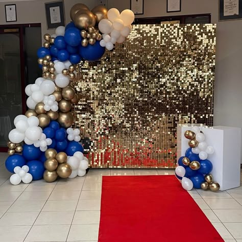 OMG!! how good does the gold shimmer look. Can't wait to see the pics from the party :-D Blue And Gold Graduation Party Ideas, Blue And Gold Backdrop, Blue Party Themes, 18th Party Ideas, 65th Wedding Anniversary, Gold Graduation Party, 50th Birthday Party Decorations, Graduation Party Centerpieces, 50th Birthday Decorations