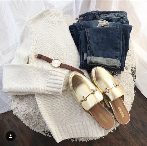 Gold loafers, forever21, jcrew sweater, Francesca's watch, distressed jeans, winter style, fashion Gold Loafers Outfit Women, Gold Mules Outfit, Gold Loafers Outfit, Gold Flats Outfit, Loafers Outfit Women, Mule Outfit, Grown Style, Winter Style Fashion, Mules Outfit